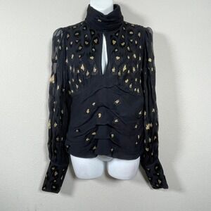 Caballero Leopard Burnout S Blouse Women Black Gold High Neck Keyhole Whimsigoth